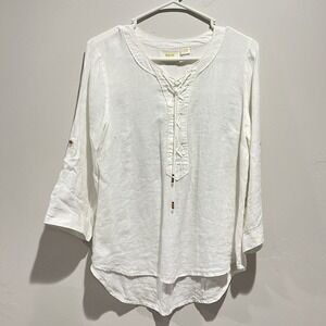 Maeve Anthropologie 100%‎ Linen Lace-Up Tunic Top White Boho Coastal Beachy Sz 6